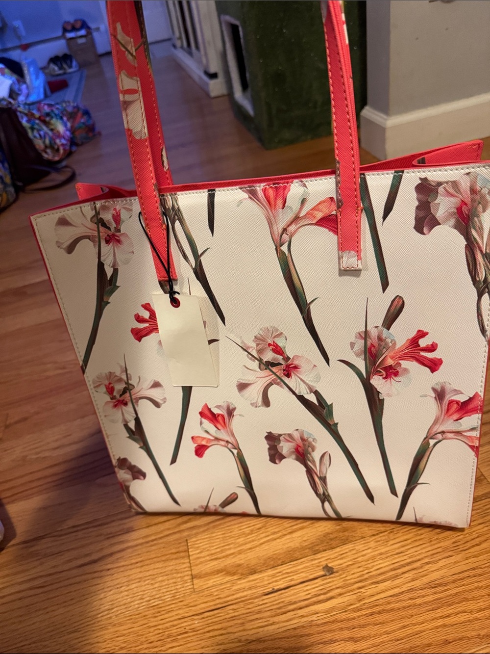 Ted Baker Pink Floral Tote with Coral Handles - Picture 3 of 4